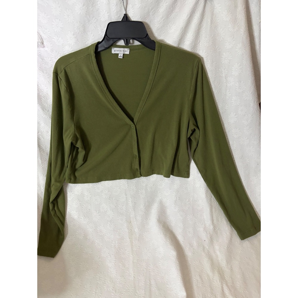 Gianni Bini 90s Minimalism Earthcore Olive Green Ribbed Cardigan V-Neck Top L